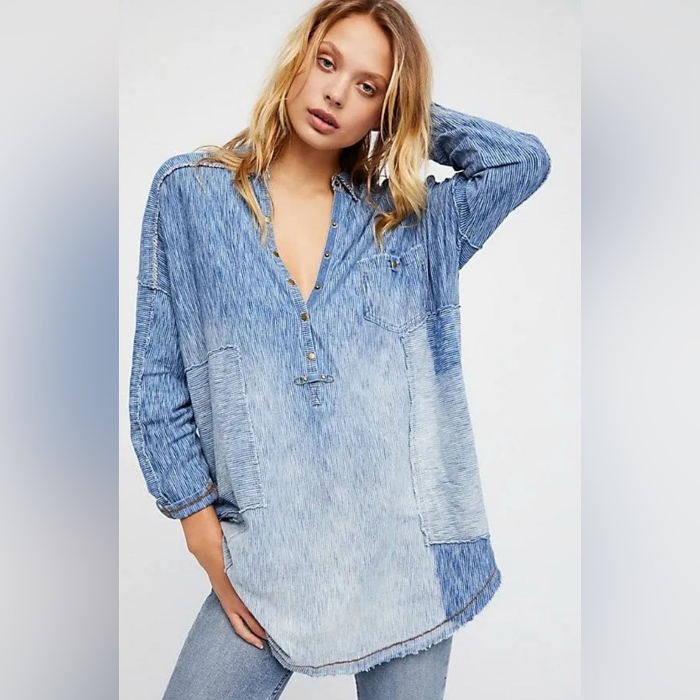 Free People | Oversized Blue Cotton Tokyo Henley Button-Up Shirt Dress | Sz L